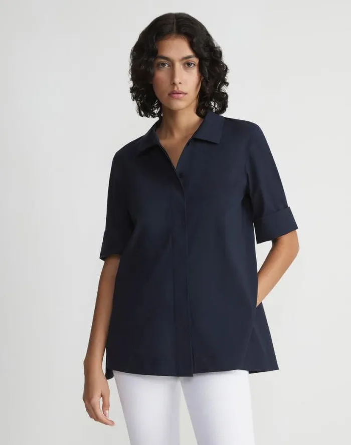 Lafayette 148 New York Stretch Cotton Peplum Shirt Black Ready To Wear Blouses and Shirts