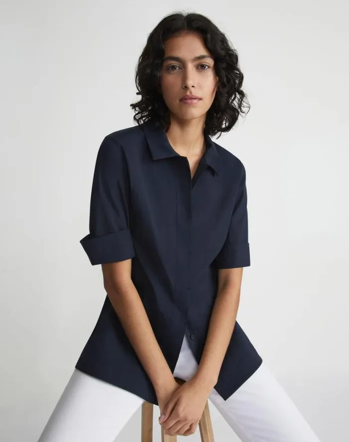 Lafayette 148 New York Stretch Cotton Peplum Shirt Black Ready To Wear Blouses and Shirts
