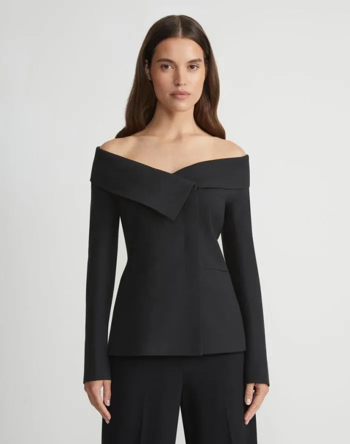 Lafayette 148 New York WoolSilk Crepe Portrait Collar Jacket Black Ready To Wear Jackets and Blazers