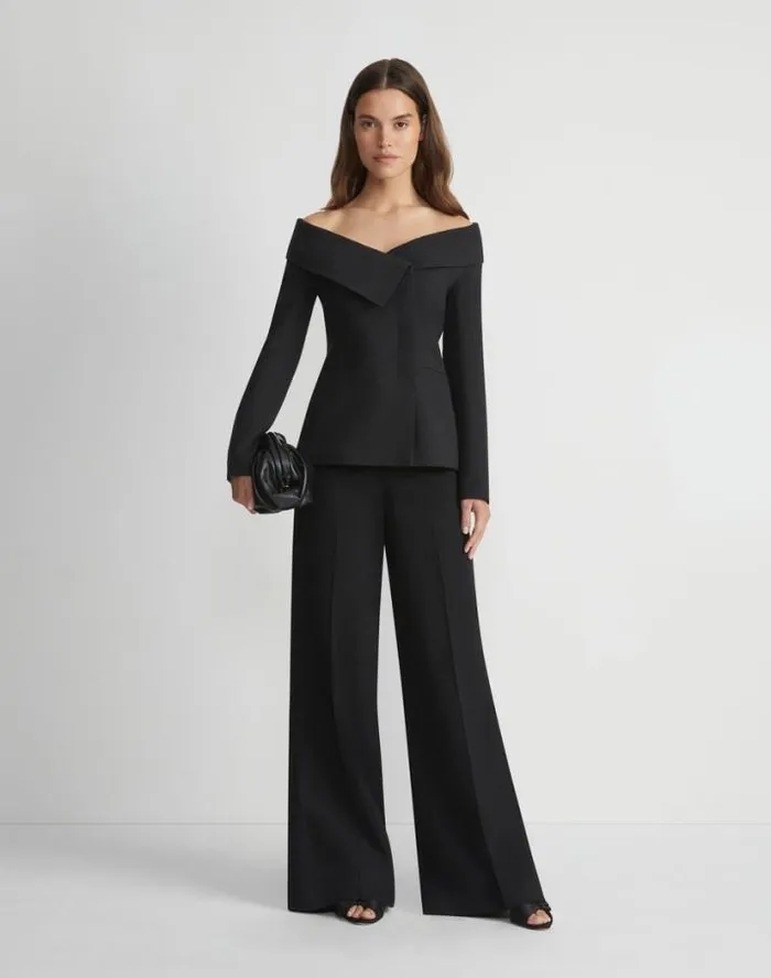 Lafayette 148 New York WoolSilk Crepe Portrait Collar Jacket Black Ready To Wear Jackets and Blazers