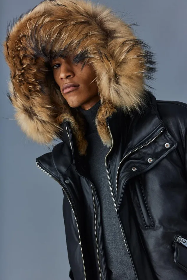 Leather Jackets Men Mackage GLEN 2in1 r Leather Bomber Jacket With Hooded Bib and Natural Fur Black Leather Jackets Men Mackage GLEN 2in1 r Leather Bomber Jacket With Hooded Bib and Natural Fur Black