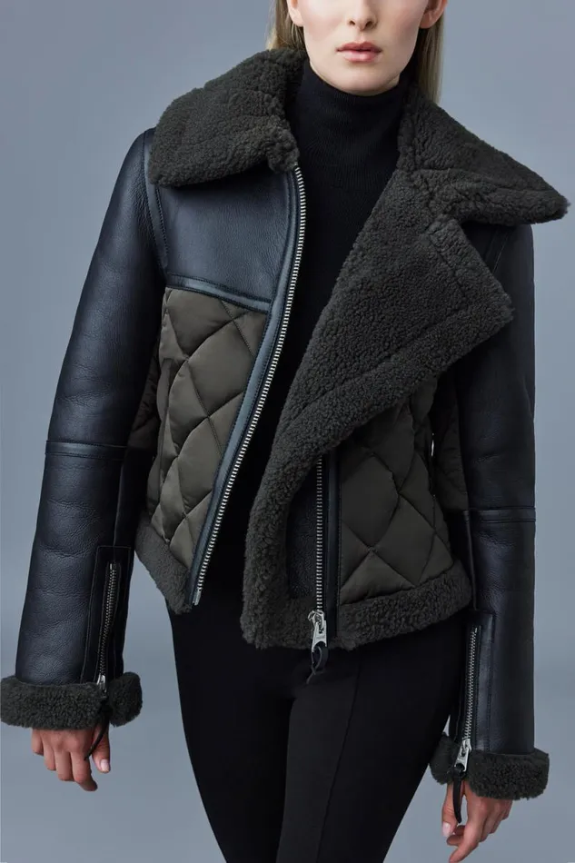 Leather Jackets Women Mackage TULIP Quilted Sheepskin Jacket With Shearling Trim Dark Olive