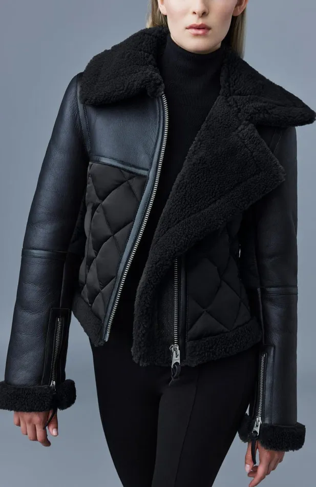 Leather Jackets Women Mackage TULIP Quilted Sheepskin Jacket With Shearling Trim Dark Olive