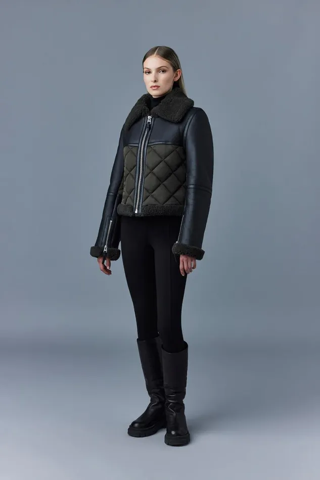 Leather Jackets Women Mackage TULIP Quilted Sheepskin Jacket With Shearling Trim Dark Olive