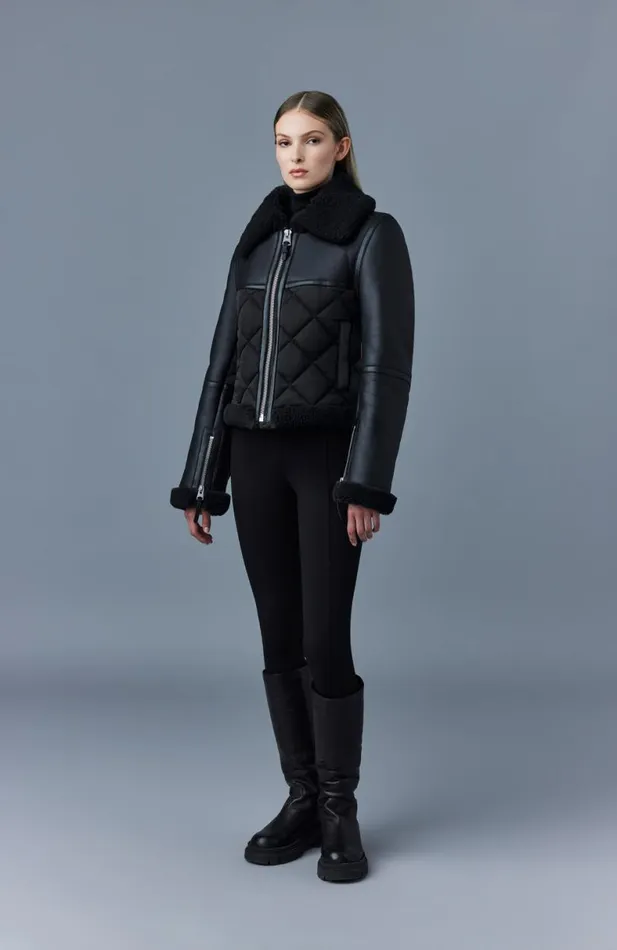 Leather Jackets Women Mackage TULIP Quilted Sheepskin Jacket With Shearling Trim Dark Olive