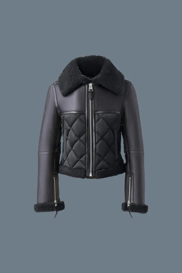 Leather Jackets Women Mackage TULIP Quilted Sheepskin Jacket With Shearling Trim Dark Olive