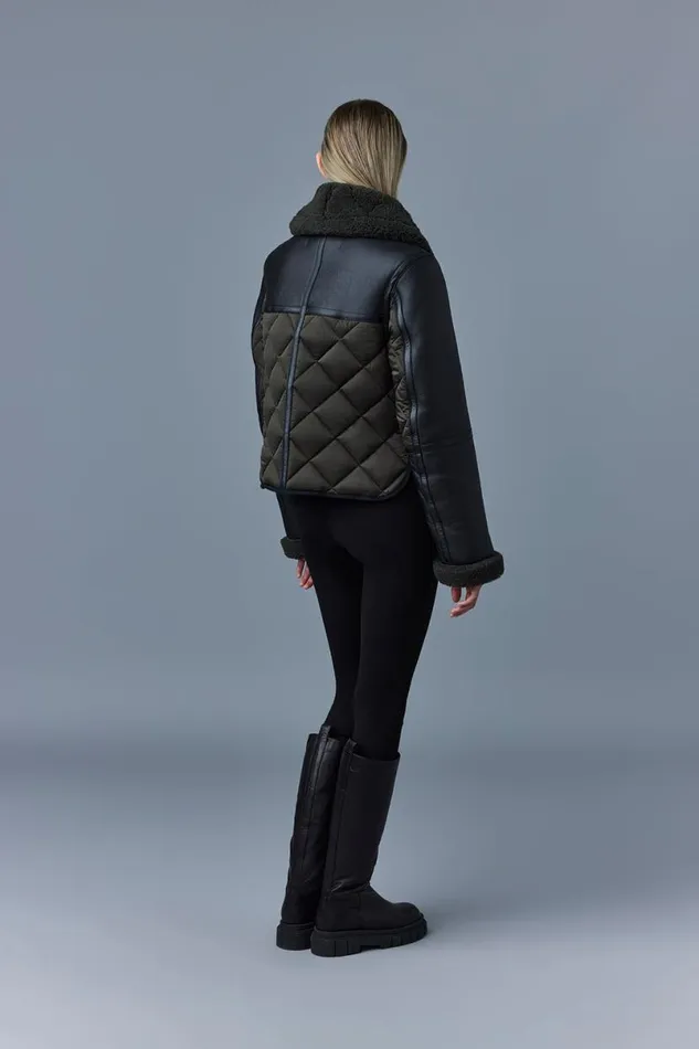 Leather Jackets Women Mackage TULIP Quilted Sheepskin Jacket With Shearling Trim Dark Olive