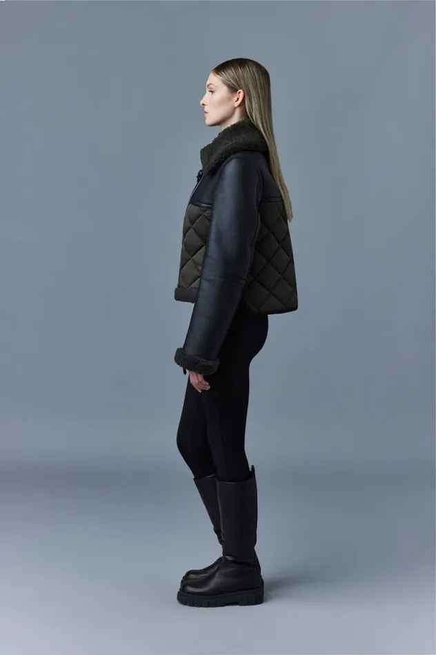 Leather Jackets Women Mackage TULIP Quilted Sheepskin Jacket With Shearling Trim Dark Olive