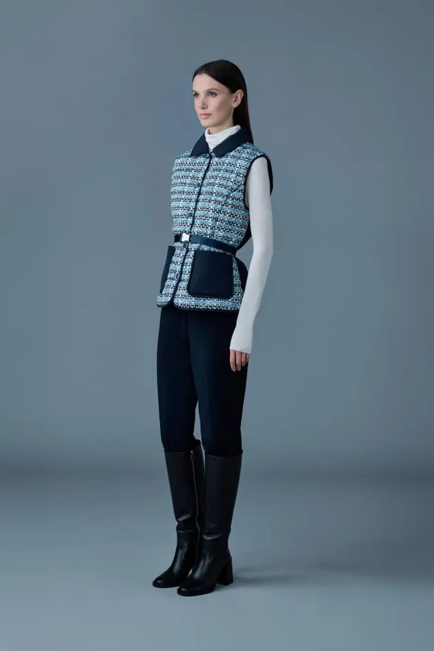 Light Down Jackets Women Mackage FRANCINETW Mix Media Light Down Tweed Vest Sky Blue Multi