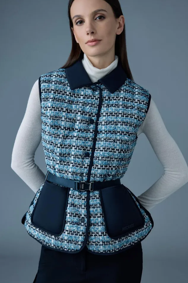 Light Down Jackets Women Mackage FRANCINETW Mix Media Light Down Tweed Vest Sky Blue Multi
