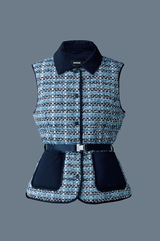 Light Down Jackets Women Mackage FRANCINETW Mix Media Light Down Tweed Vest Sky Blue Multi