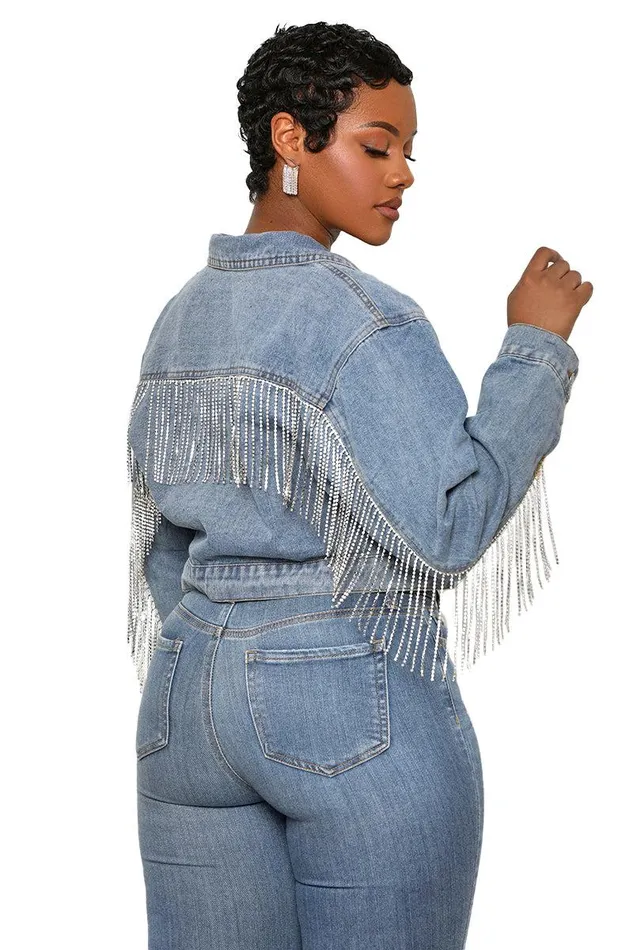 Lilly039s Kloset Denim Women Let It Shine Rhinestone Fringe Jean Jacket FINAL SALE