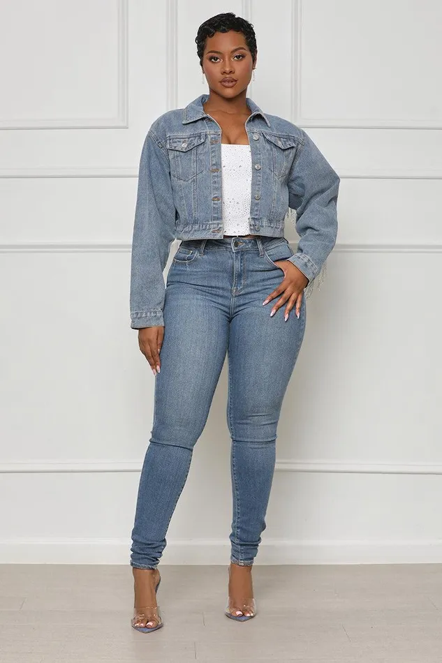 Lilly039s Kloset Denim Women Let It Shine Rhinestone Fringe Jean Jacket FINAL SALE