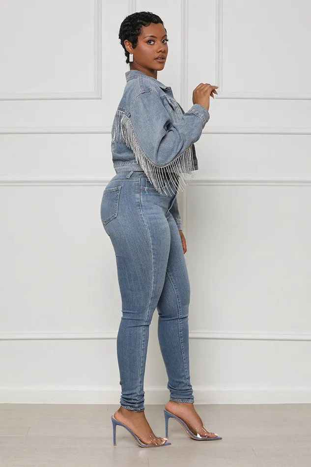 Lilly039s Kloset Denim Women Let It Shine Rhinestone Fringe Jean Jacket FINAL SALE