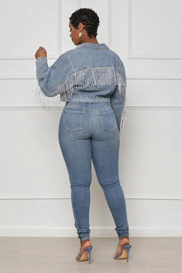 Lilly039s Kloset Denim Women Let It Shine Rhinestone Fringe Jean Jacket FINAL SALE