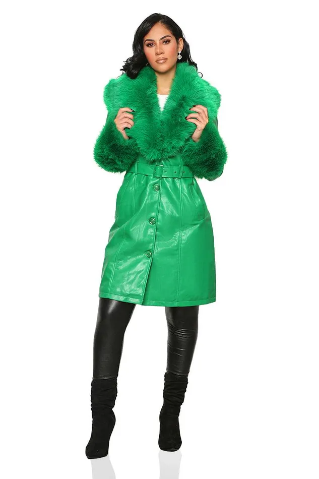 Lilly039s Kloset Jackets and Coats Women Show Time Faux Fur Trench Coat Green FINAL SALE