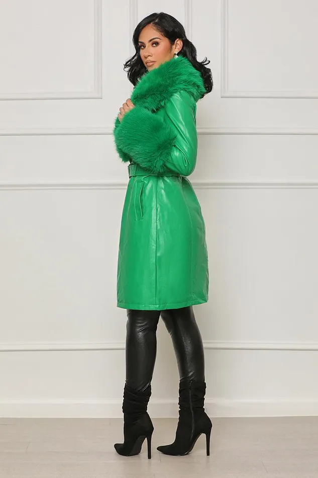 Lilly039s Kloset Jackets and Coats Women Show Time Faux Fur Trench Coat Green FINAL SALE