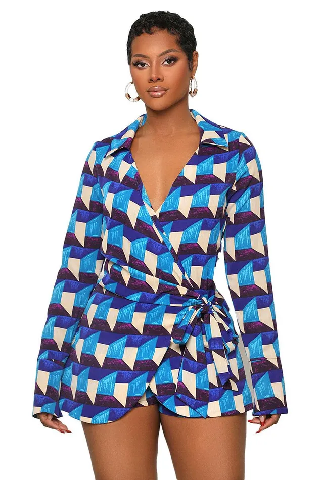 Lilly039s Kloset Jumpsuits and Rompers Women Kaleidoscope Wrap Romper Blue MultiFINAL SALE