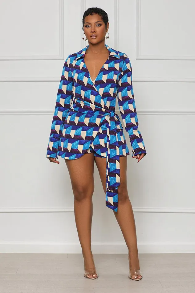 Lilly039s Kloset Jumpsuits and Rompers Women Kaleidoscope Wrap Romper Blue MultiFINAL SALE