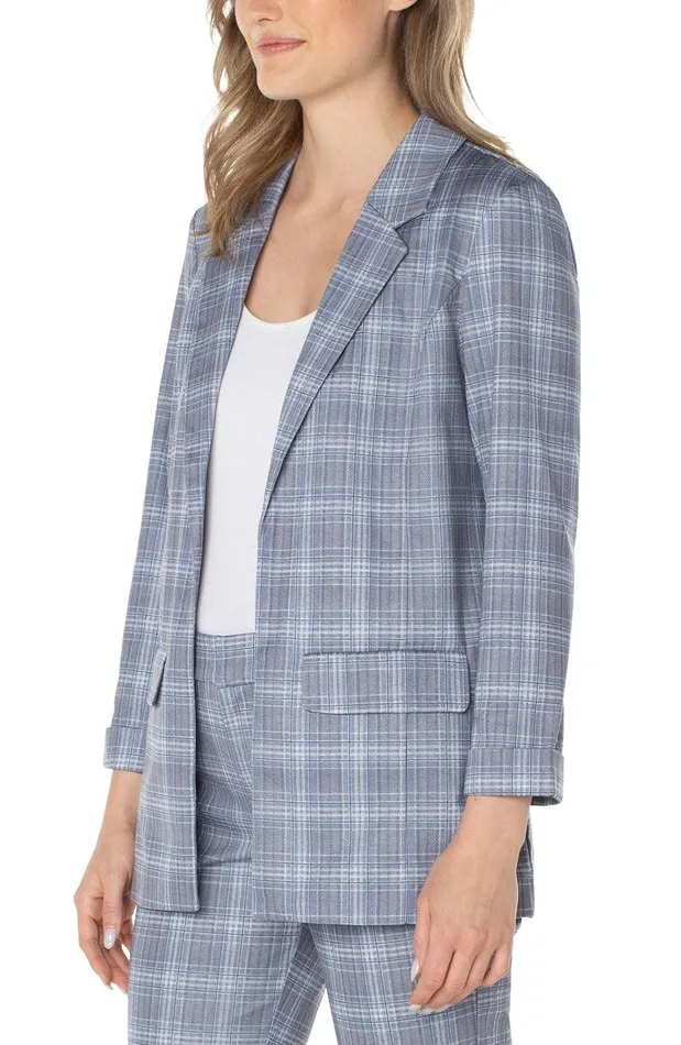Liverpool Los Angeles BOYFRIEND BLAZER WITH PRINCESS DART PATTERN KNIT Grey Blue Tartan Women BLAZERS