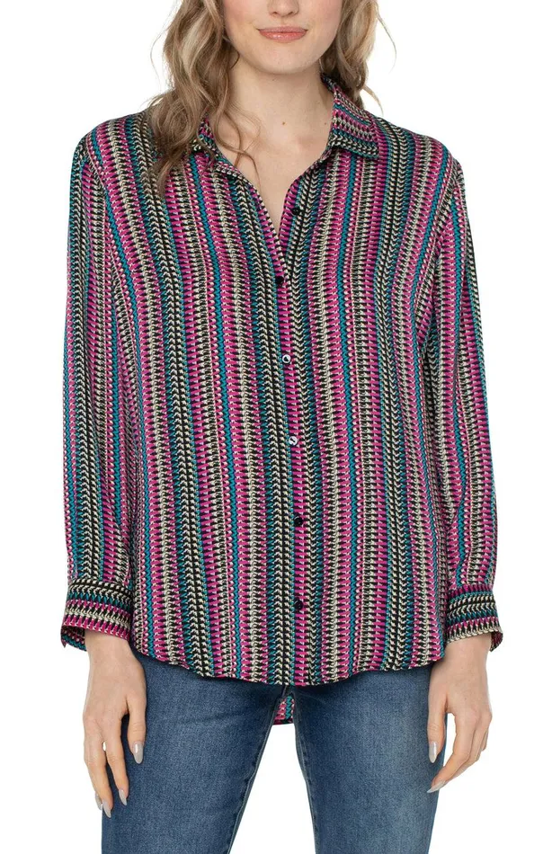 Liverpool Los Angeles BUTTON UP WOVEN BLOUSE Textured Multi Stripe Women WOVEN TOPS