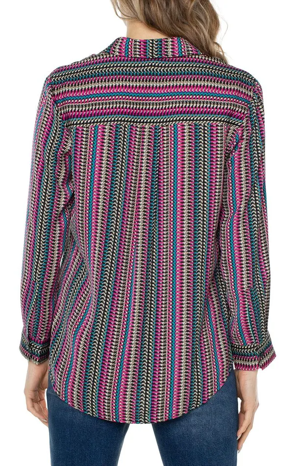 Liverpool Los Angeles BUTTON UP WOVEN BLOUSE Textured Multi Stripe Women WOVEN TOPS