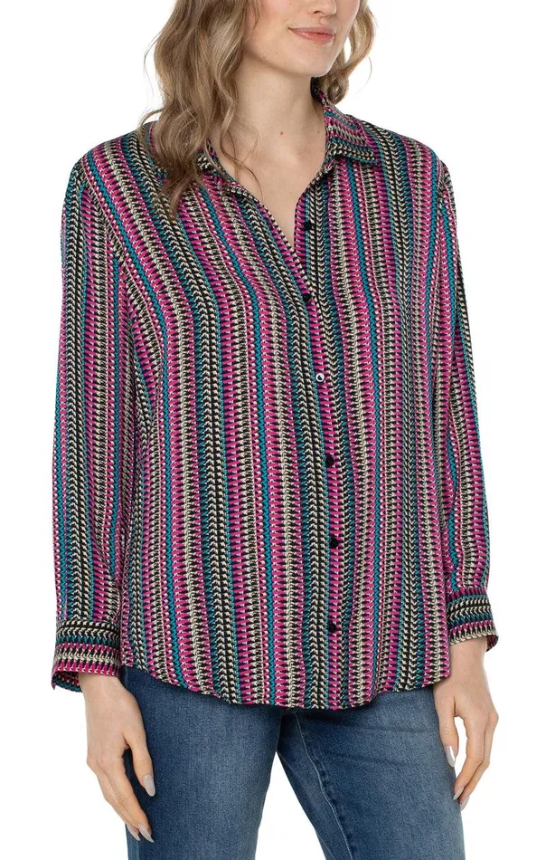 Liverpool Los Angeles BUTTON UP WOVEN BLOUSE Textured Multi Stripe Women WOVEN TOPS