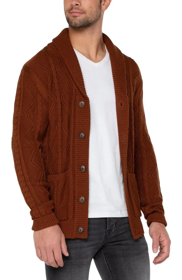 Liverpool Los Angeles FISHERMAN CABLE SHAWL COLLAR CARDIGAN Caramel Men SWEATERS