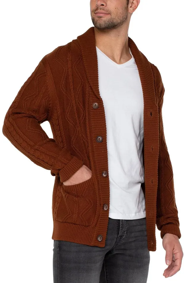 Liverpool Los Angeles FISHERMAN CABLE SHAWL COLLAR CARDIGAN Caramel Men SWEATERS