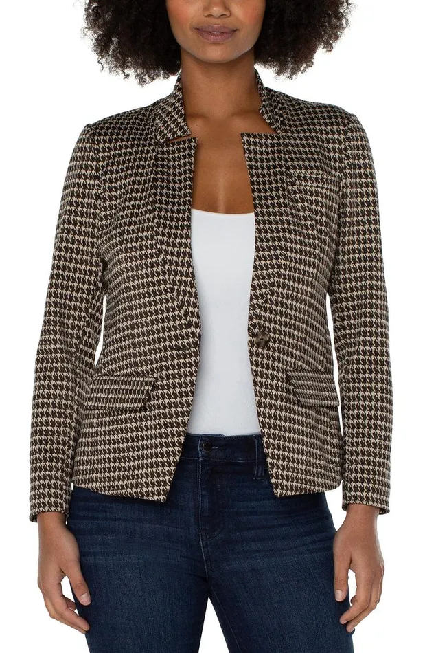 Liverpool Los Angeles ONE BUTTON BLAZER Tan Brown Mod Houndstooth Women BLAZERS