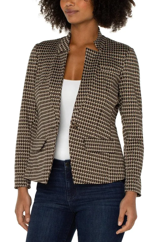 Liverpool Los Angeles ONE BUTTON BLAZER Tan Brown Mod Houndstooth Women BLAZERS