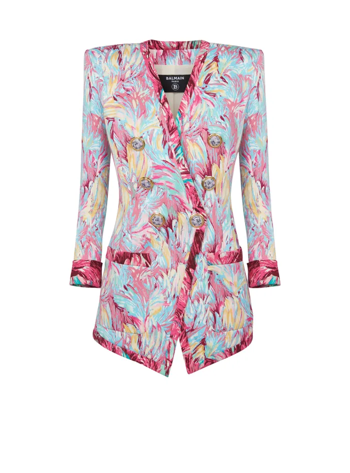 Long 6button Jacket With Feather Print Multicolor Women Balmain Jackets And Blazers