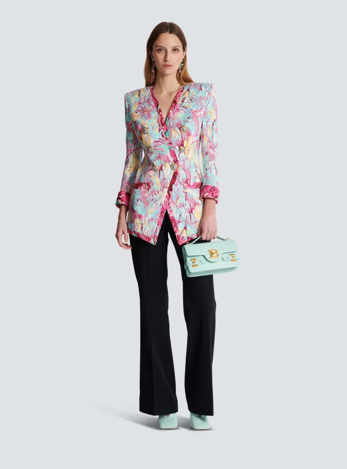 Long 6button Jacket With Feather Print Multicolor Women Balmain Jackets And Blazers
