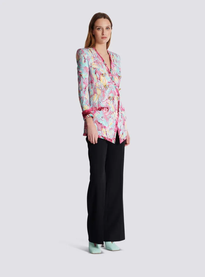 Long 6button Jacket With Feather Print Multicolor Women Balmain Jackets And Blazers