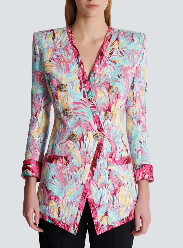 Long 6button Jacket With Feather Print Multicolor Women Balmain Jackets And Blazers