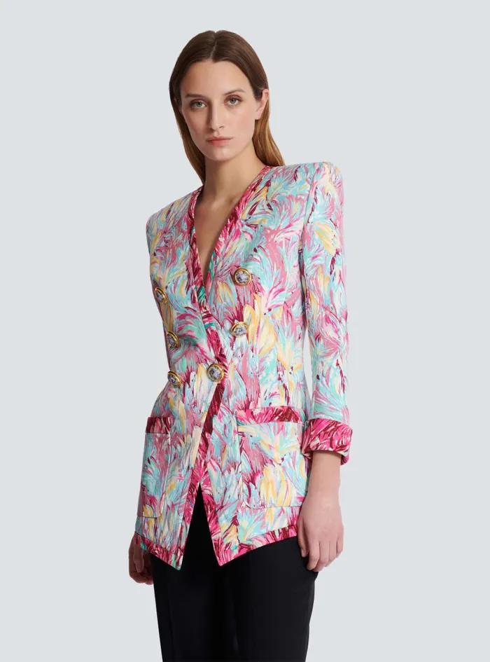 Long 6button Jacket With Feather Print Multicolor Women Balmain Jackets And Blazers