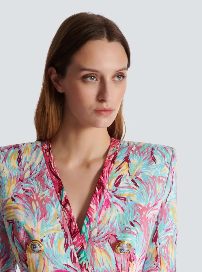 Long 6button Jacket With Feather Print Multicolor Women Balmain Jackets And Blazers