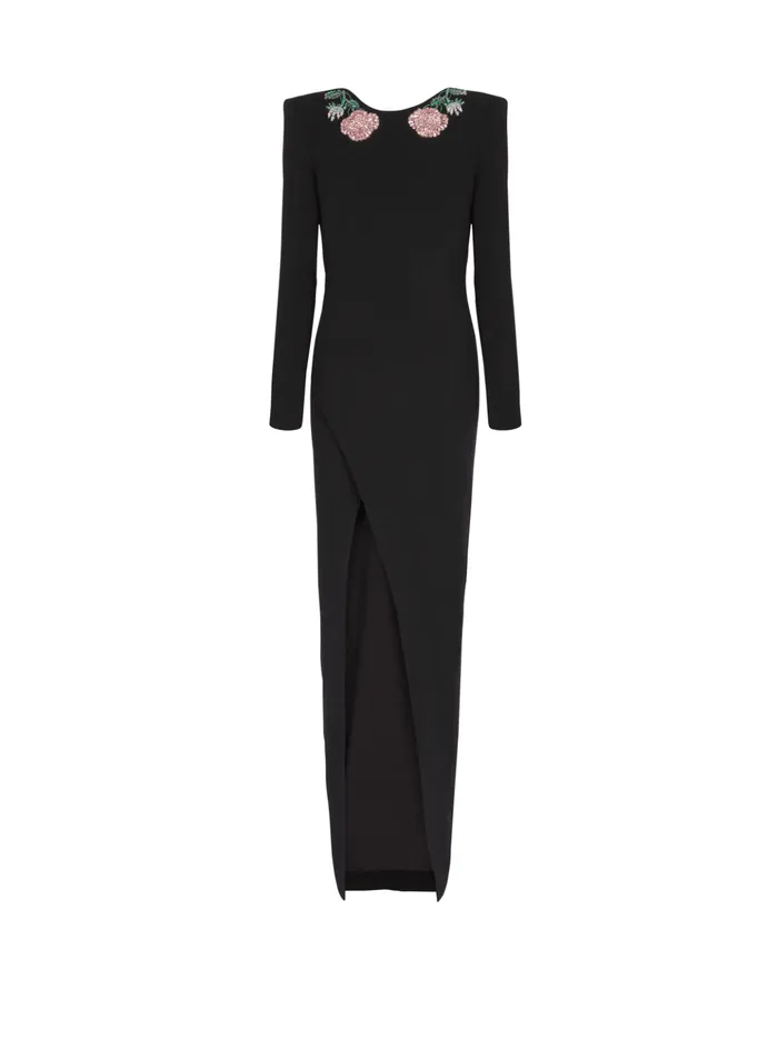 Long Backless Dress With Roses Embroidery Black Women Balmain Dresses