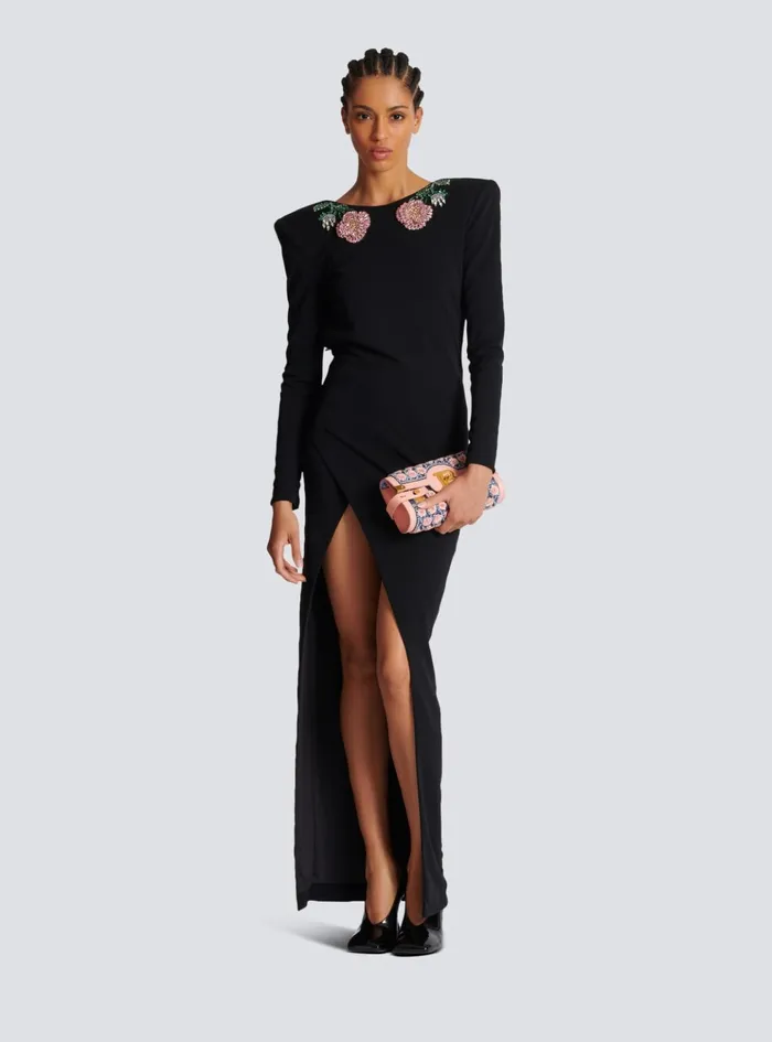 Long Backless Dress With Roses Embroidery Black Women Balmain Dresses