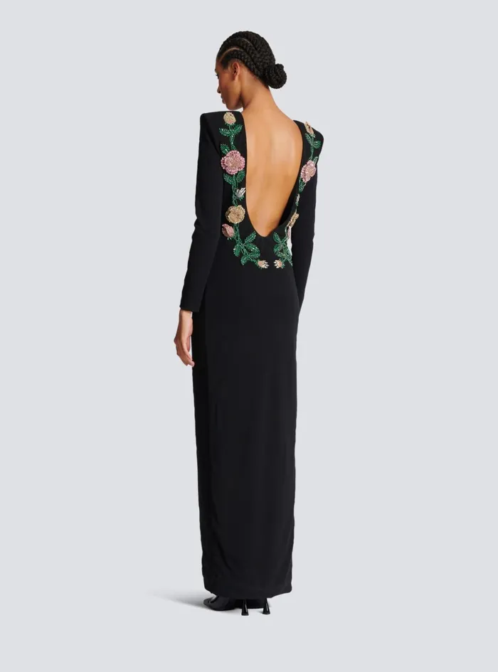 Long Backless Dress With Roses Embroidery Black Women Balmain Dresses