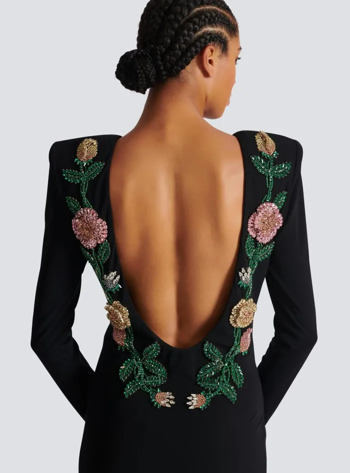 Long Backless Dress With Roses Embroidery Black Women Balmain Dresses