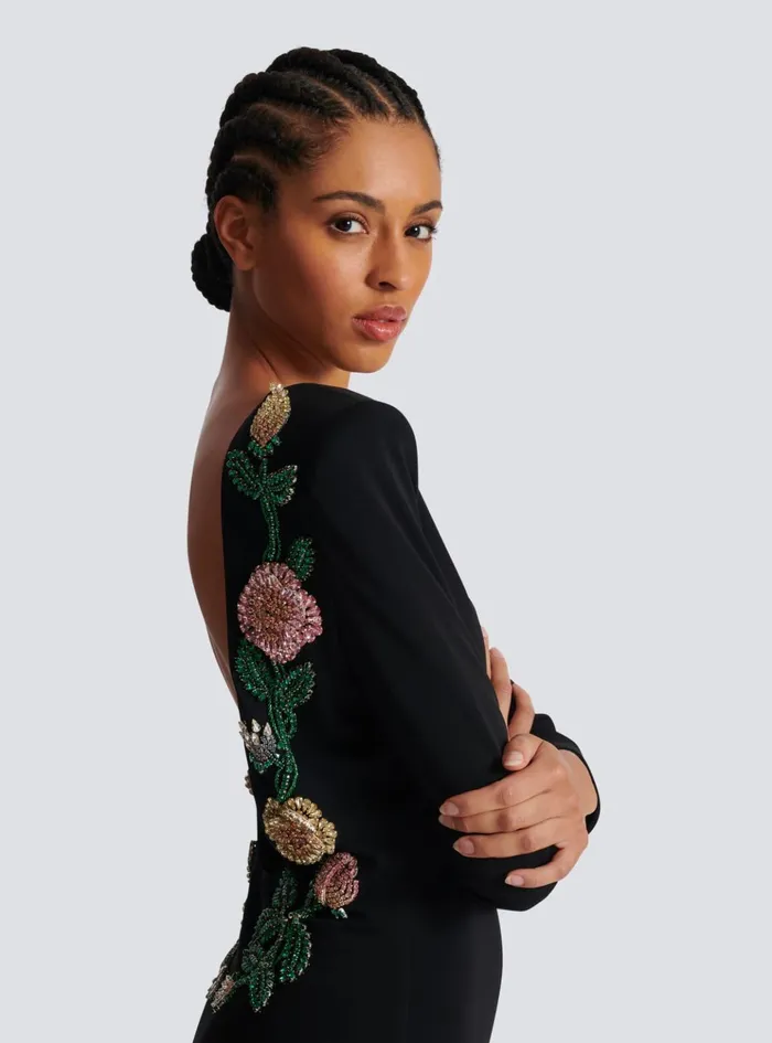 Long Backless Dress With Roses Embroidery Black Women Balmain Dresses