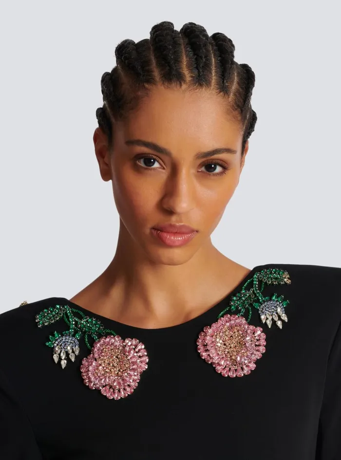Long Backless Dress With Roses Embroidery Black Women Balmain Dresses