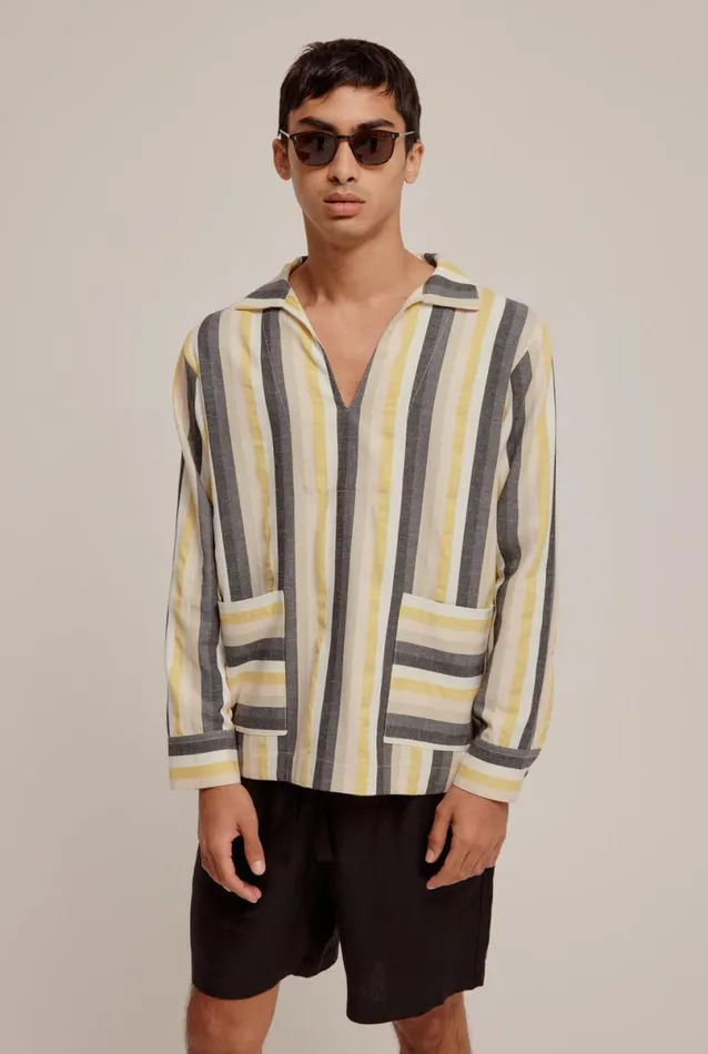Man Venroy Polos Woven Stripe Open Neck Polo