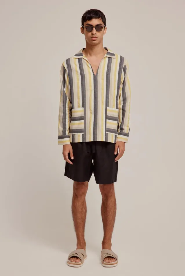 Man Venroy Polos Woven Stripe Open Neck Polo