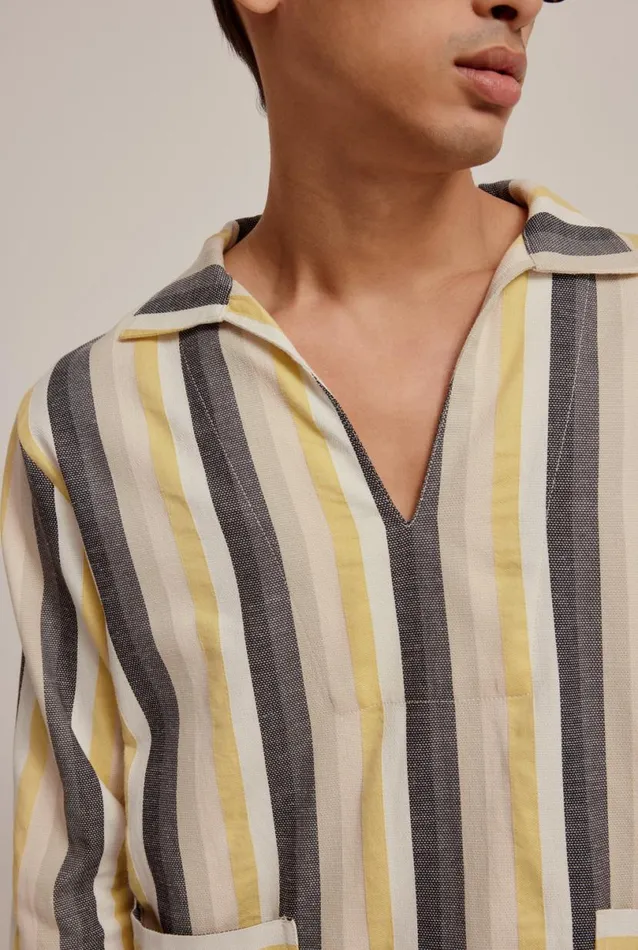 Man Venroy Polos Woven Stripe Open Neck Polo