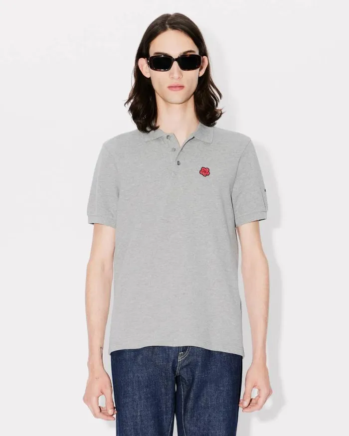 Men 039Boke Flower039 Embroidered Slim Polo In Cotton Pearl Grey Kenzo Tshirts And Polos