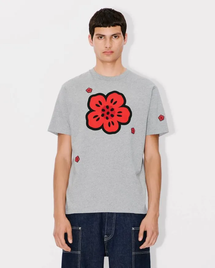 Men 039Boke Flower039 Embroidered Tshirt In Cotton Pearl Grey Kenzo Tshirts And Polos
