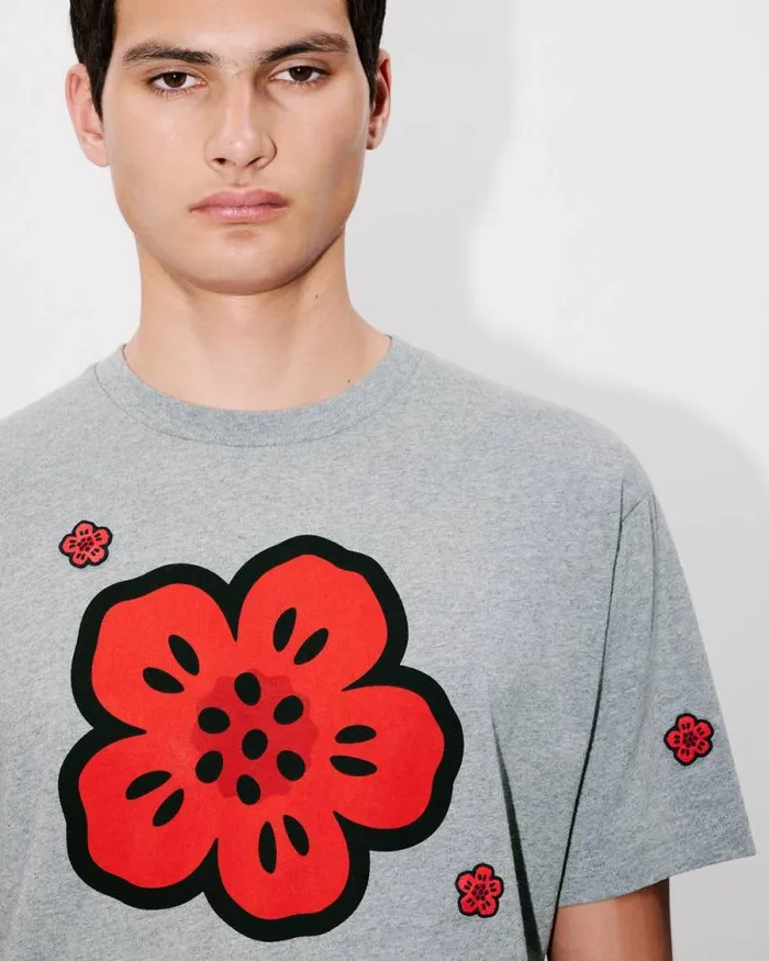 Men 039Boke Flower039 Embroidered Tshirt In Cotton Pearl Grey Kenzo Tshirts And Polos