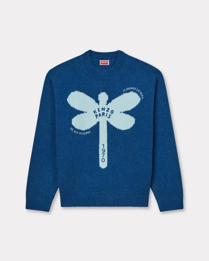 Men 039KENZO Dragonfly039 Embroidered Wool Jumper Blue Kenzo Sweaters And Cardigans